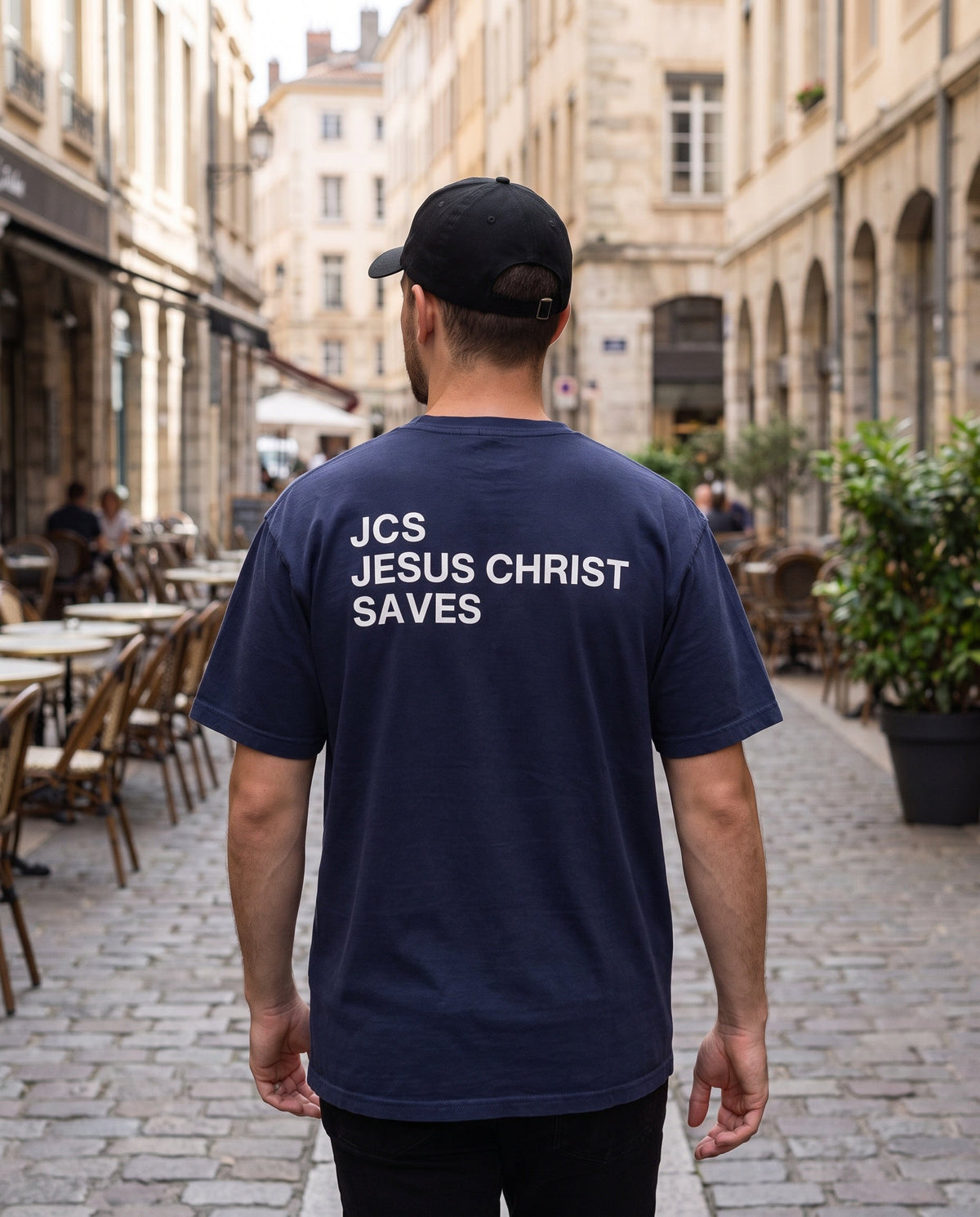 Back of a truenavy JCS — Jesus Christ Saves Christian t-shirt showing the large back print