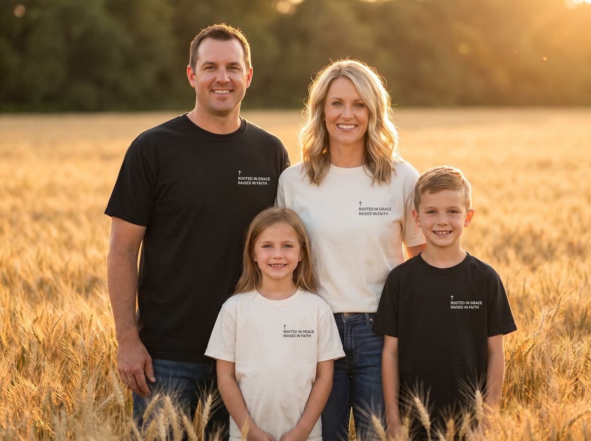 Family wearing matching Rooted in Grace. Raised in Faith Cross Edition Christian t-shirts