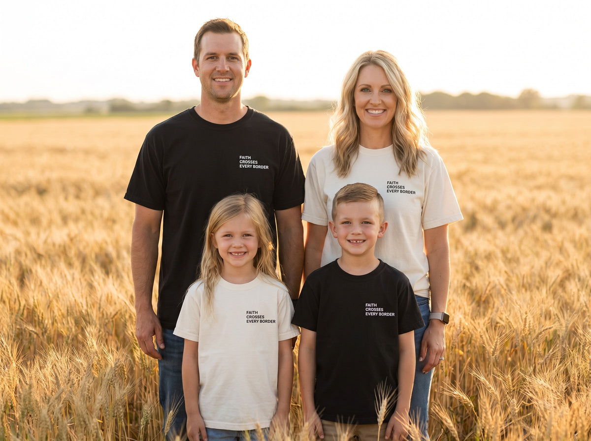 Family wearing matching Faith Crosses Every Border Christian t-shirts