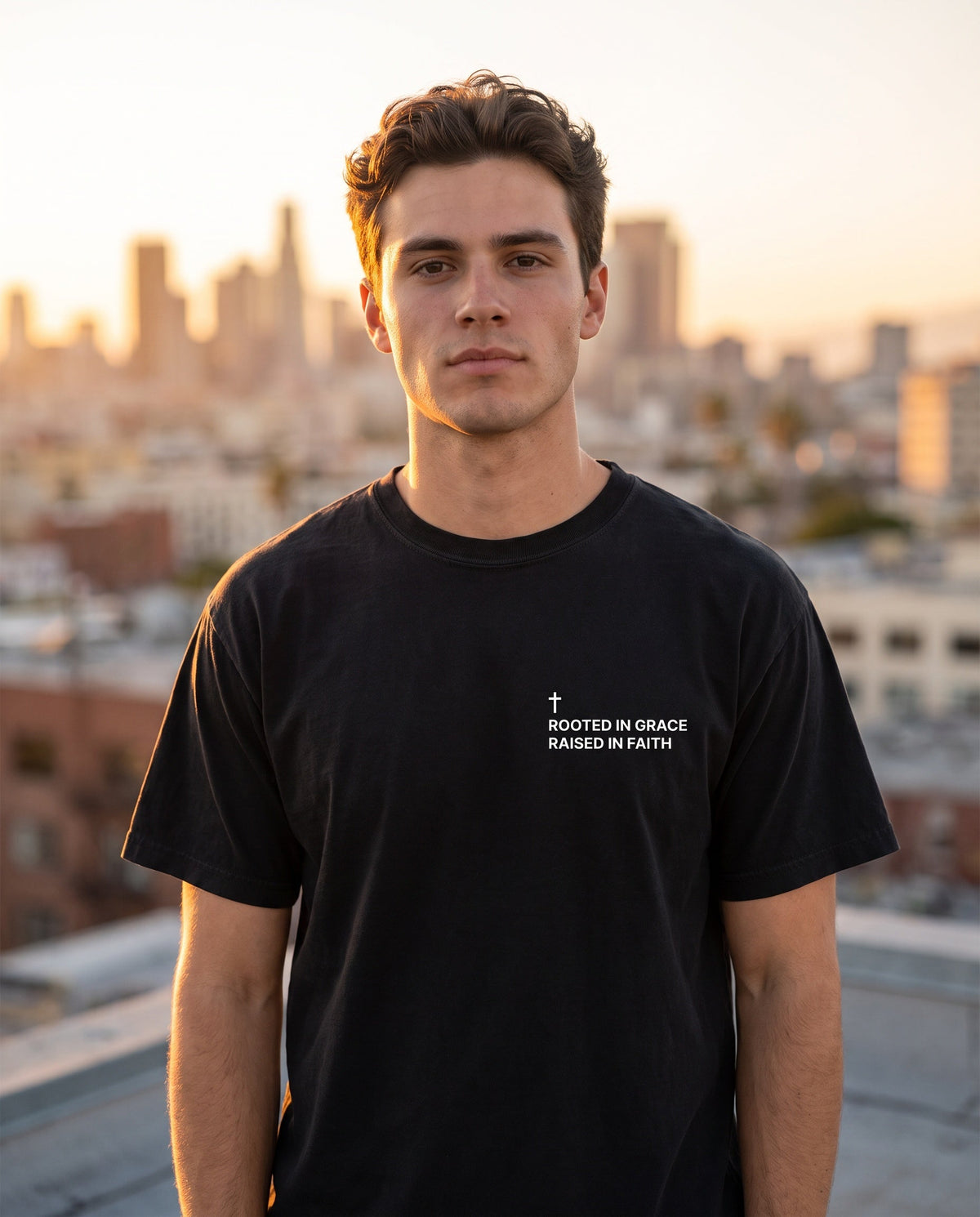 Man wearing a black Rooted in Grace. Raised in Faith Cross Edition Christian t-shirt with cross chest print