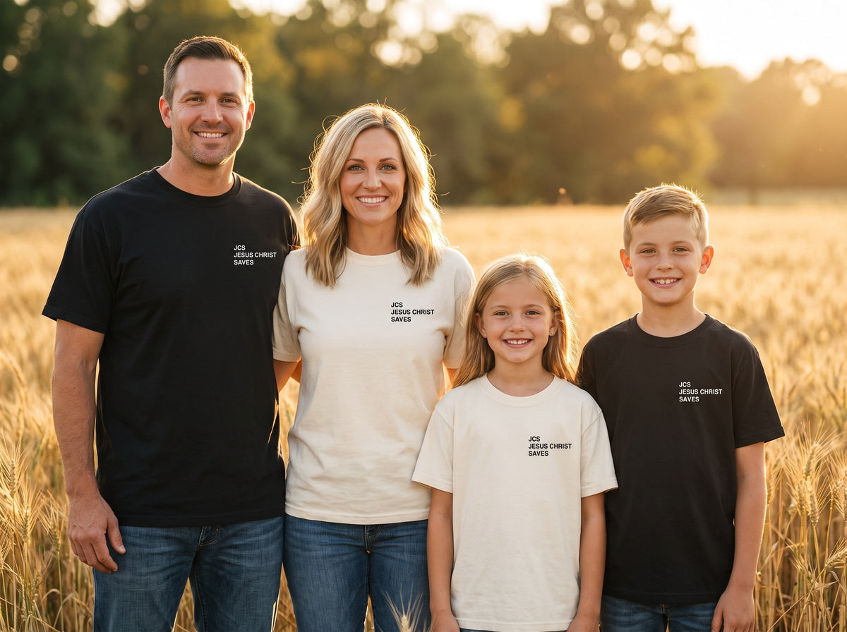 Family wearing matching JCS — Jesus Christ Saves Christian t-shirts