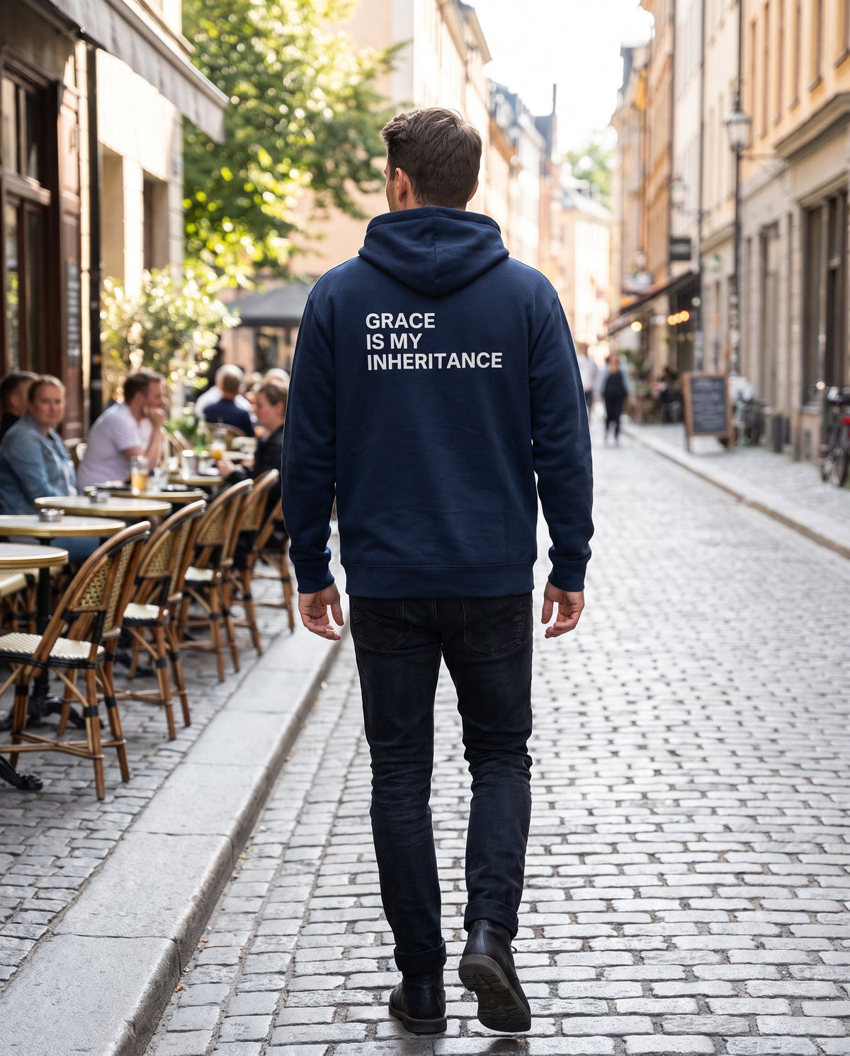 Back of a navy Grace Is My Inheritance Christian hoodie showing the large back print