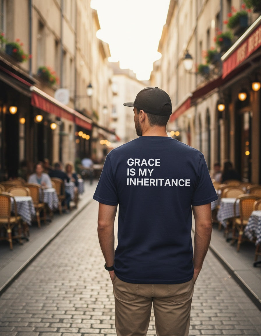 Back of a true navy Grace Is My Inheritance Christian t-shirt showing the large back print