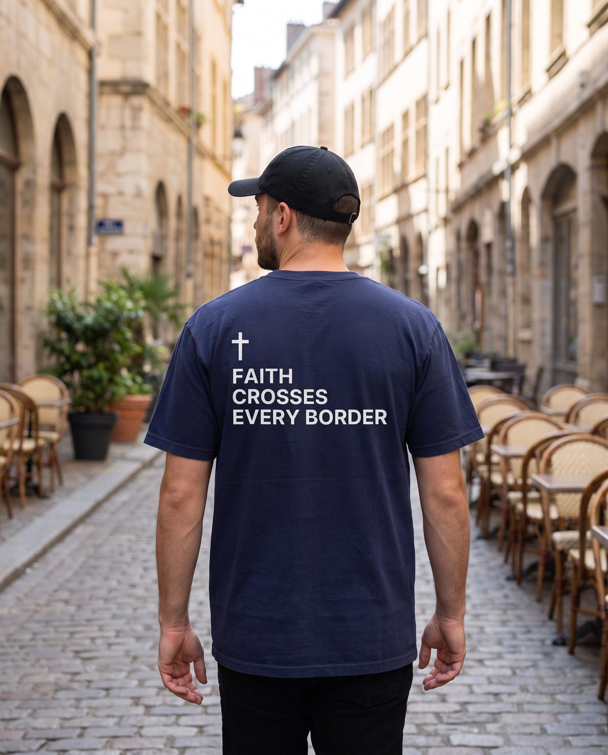 Back of a truenavy Faith Crosses Every Border Cross Edition Christian t-shirt showing the large back print
