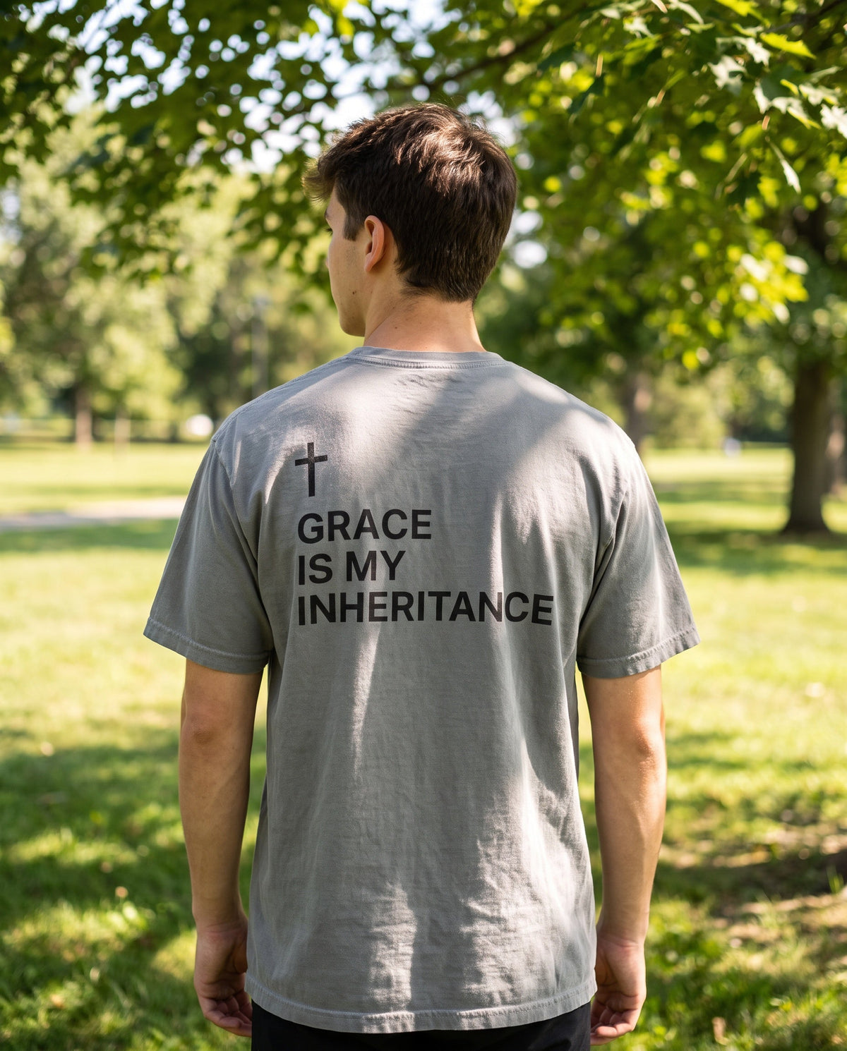 Back of a grey Grace Is My Inheritance Cross Edition Christian t-shirt showing the large cross back print