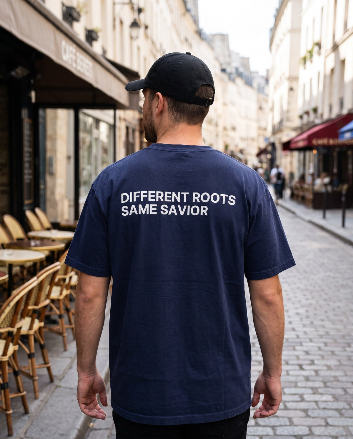 Back of a truenavy Different Roots. Same Savior Christian t-shirt showing the large back print