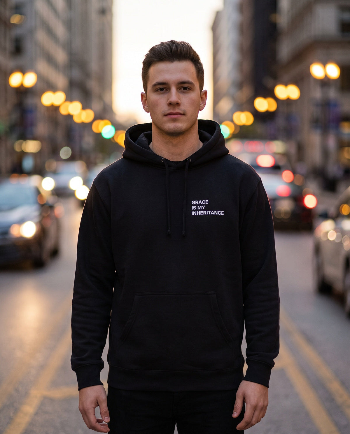 Man wearing a black Grace Is My Inheritance Christian hoodie, chest print
