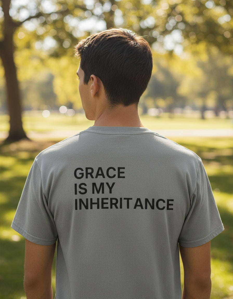 Back of a grey Grace Is My Inheritance Christian t-shirt showing the large back print