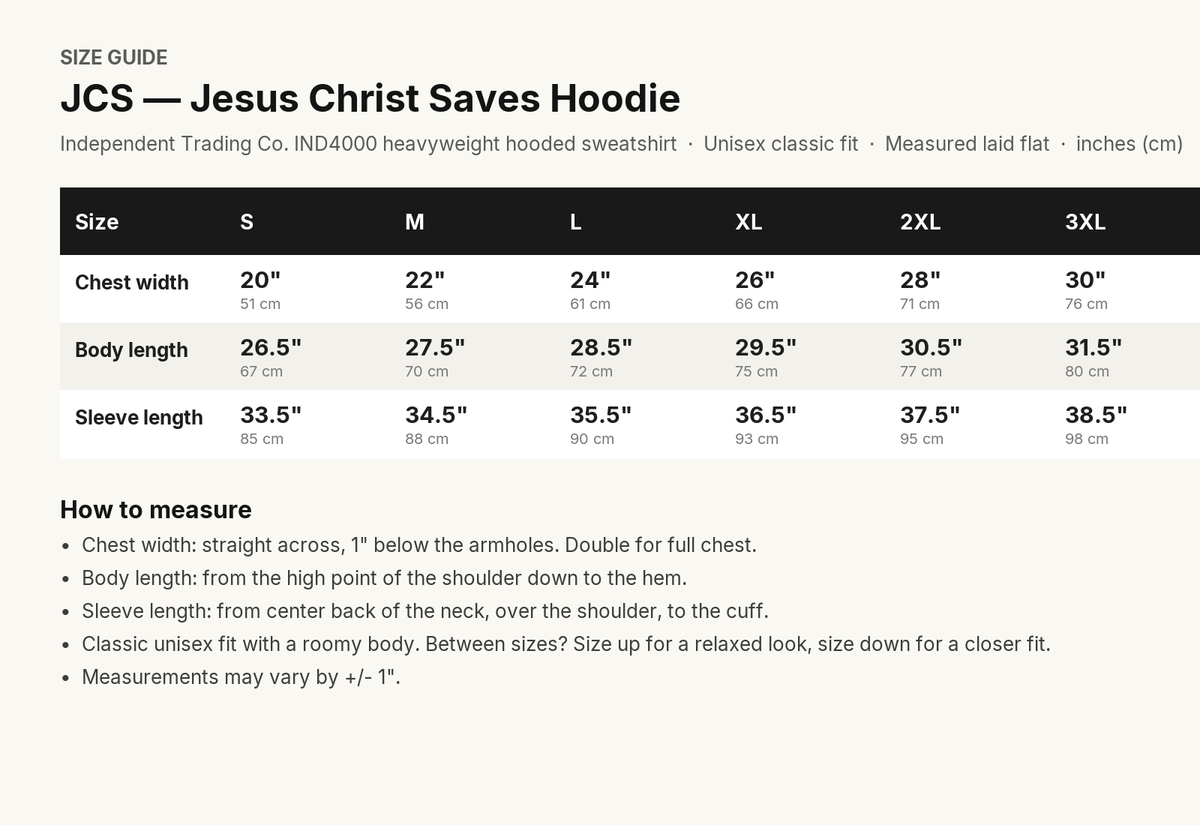 JCS — Jesus Christ Saves Christian hoodie size chart, S to 3XL, with how-to-measure guide