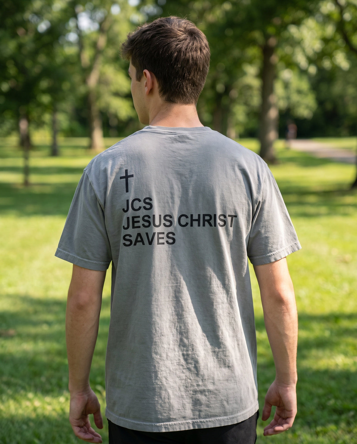 Back of a grey JCS — Jesus Christ Saves Cross Edition Christian t-shirt showing the large back print