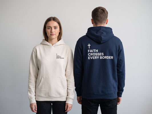Couple wearing Faith Crosses Every Border Cross Edition Christian hoodies, front chest print and large back print