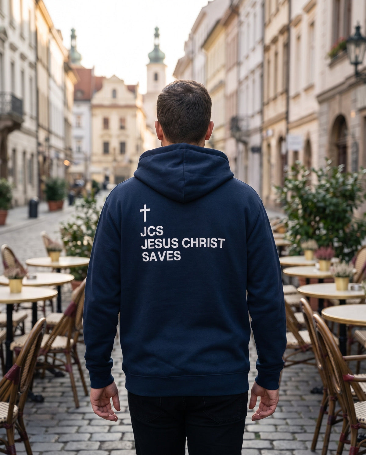 Back of a navy JCS — Jesus Christ Saves Cross Edition Christian hoodie showing the large back print