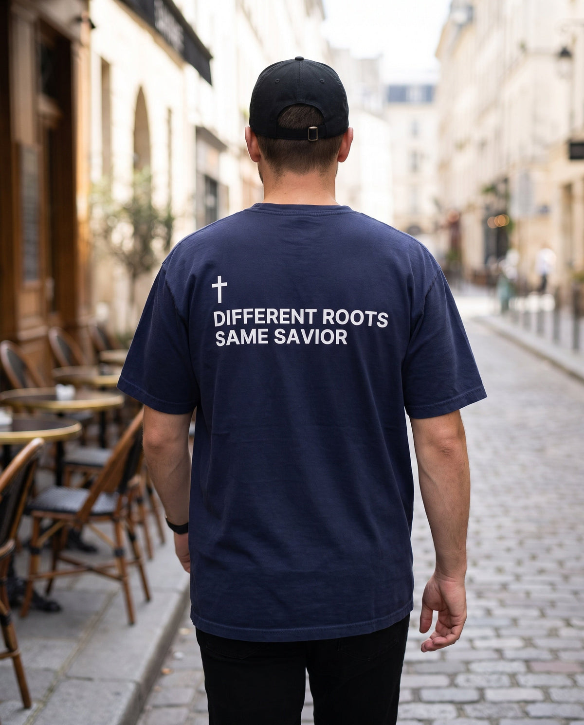 Back of a truenavy Different Roots. Same Savior Cross Edition Christian t-shirt showing the large back print