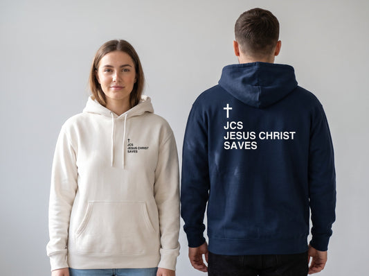 Couple wearing JCS — Jesus Christ Saves Cross Edition Christian hoodies, front chest print and large back print