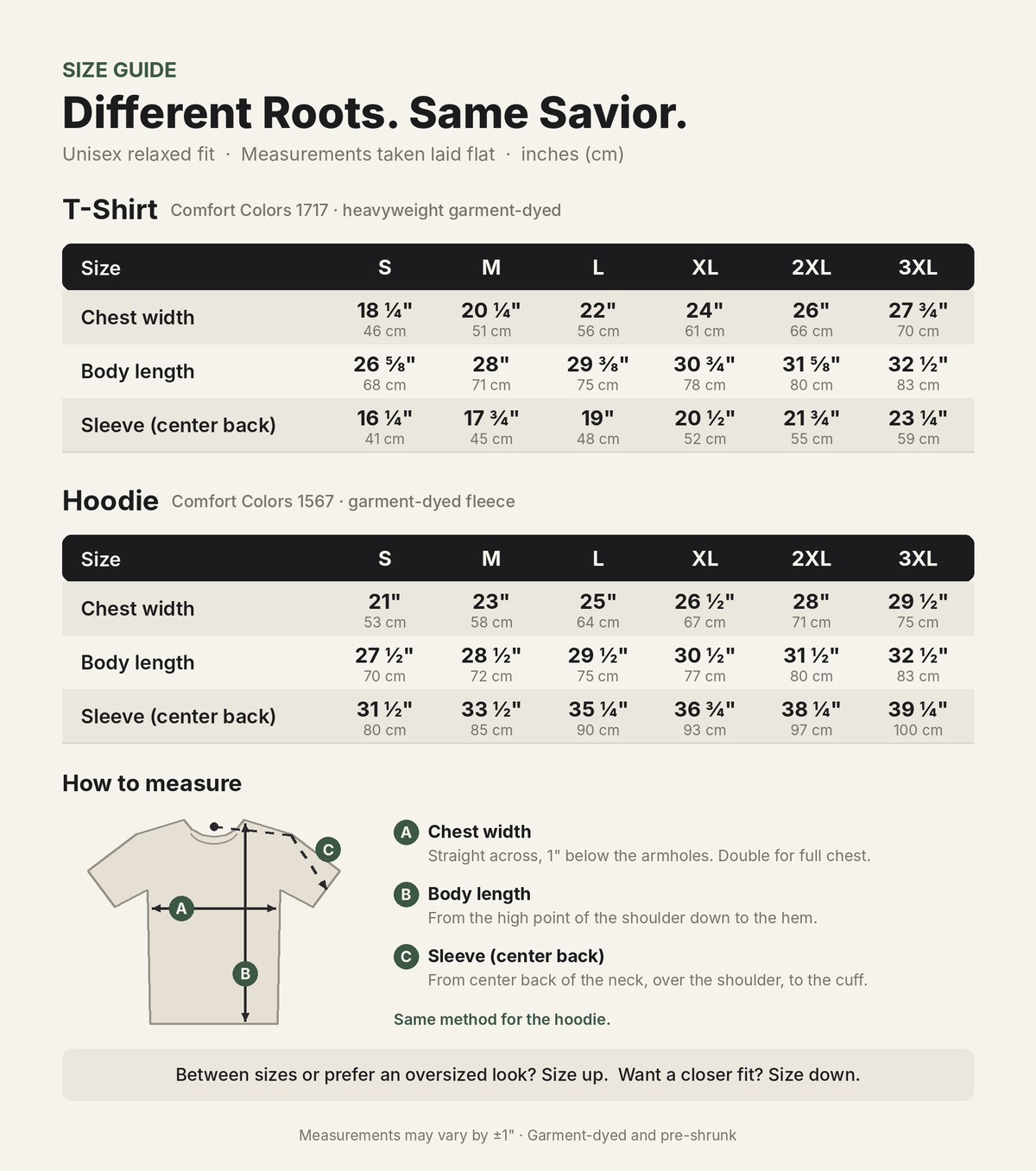 “Different Roots. Same Savior.” t-shirt and hoodie size chart with how-to-measure guide, sizes S to 3XL