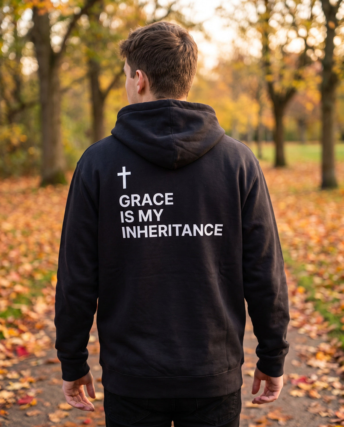 Back of a black Grace Is My Inheritance Cross Edition Christian hoodie showing the large back print