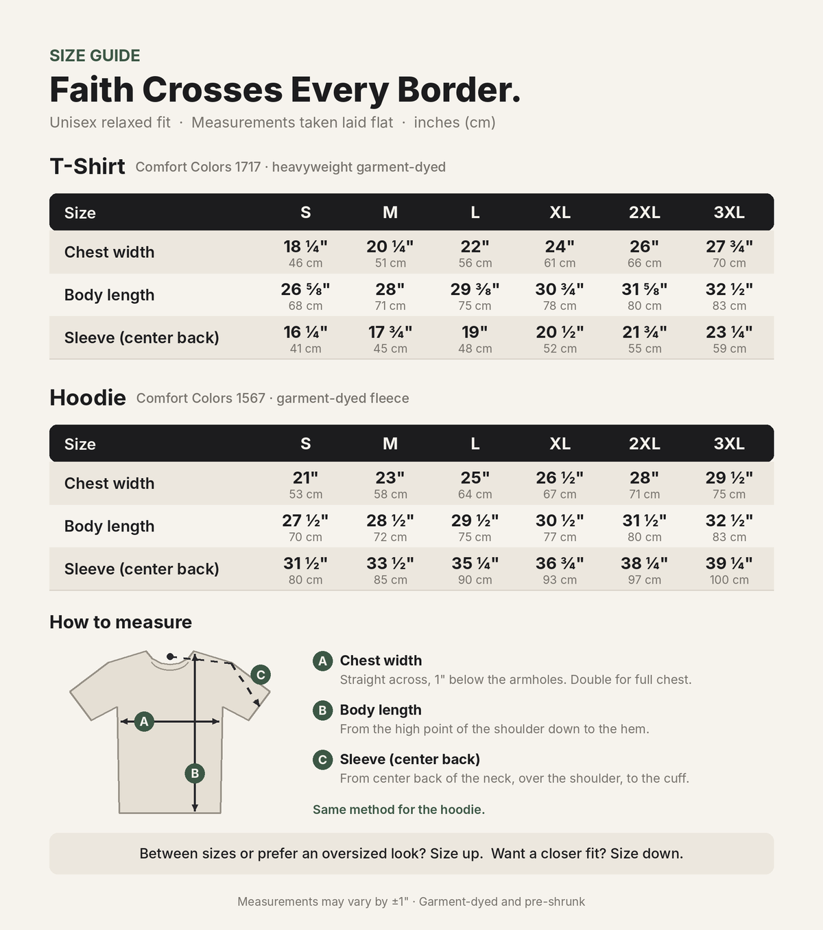 “Faith Crosses Every Border.” t-shirt size chart with how-to-measure guide, sizes S to 3XL