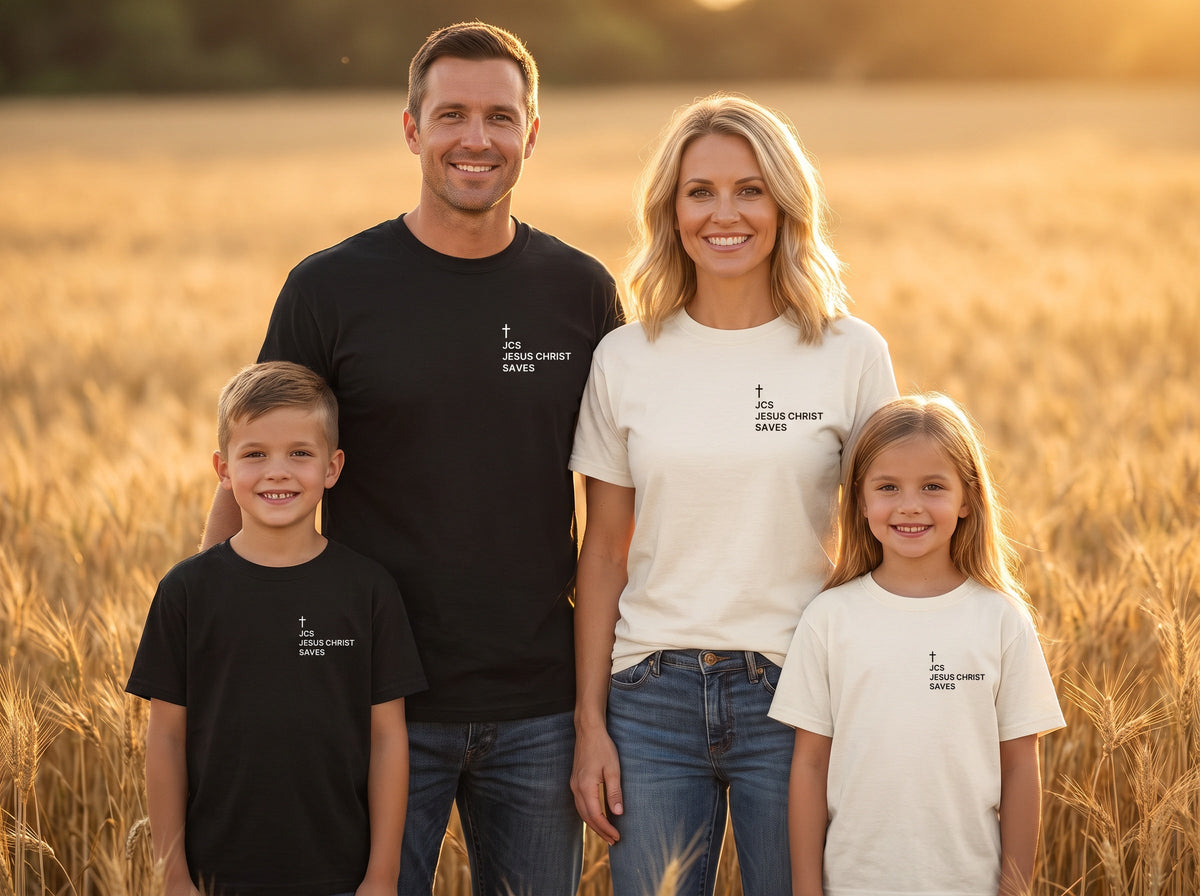 Family wearing matching JCS — Jesus Christ Saves Cross Edition Christian t-shirts