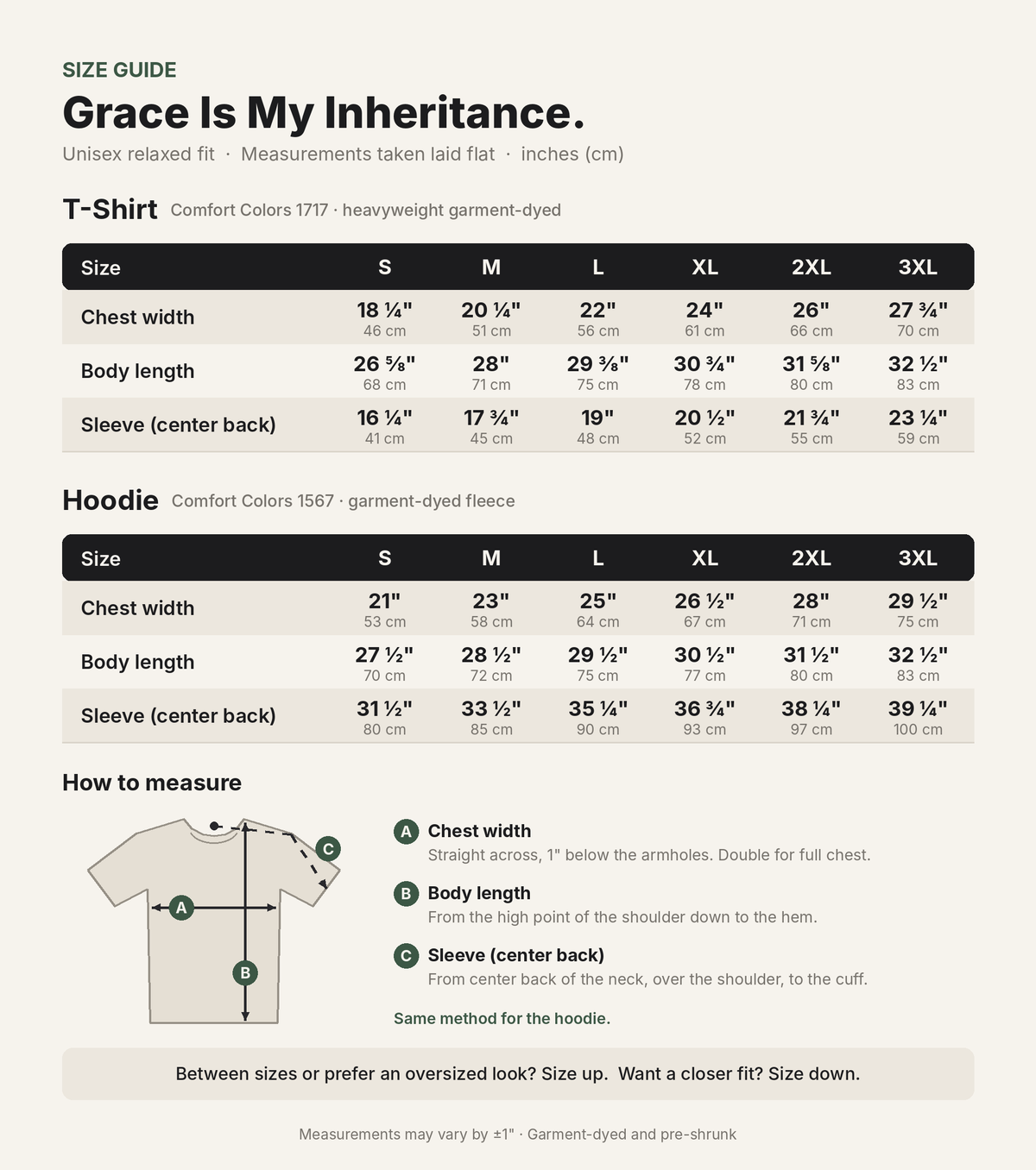 “Grace Is My Inheritance.” t-shirt size chart with how-to-measure guide, sizes S to 3XL
