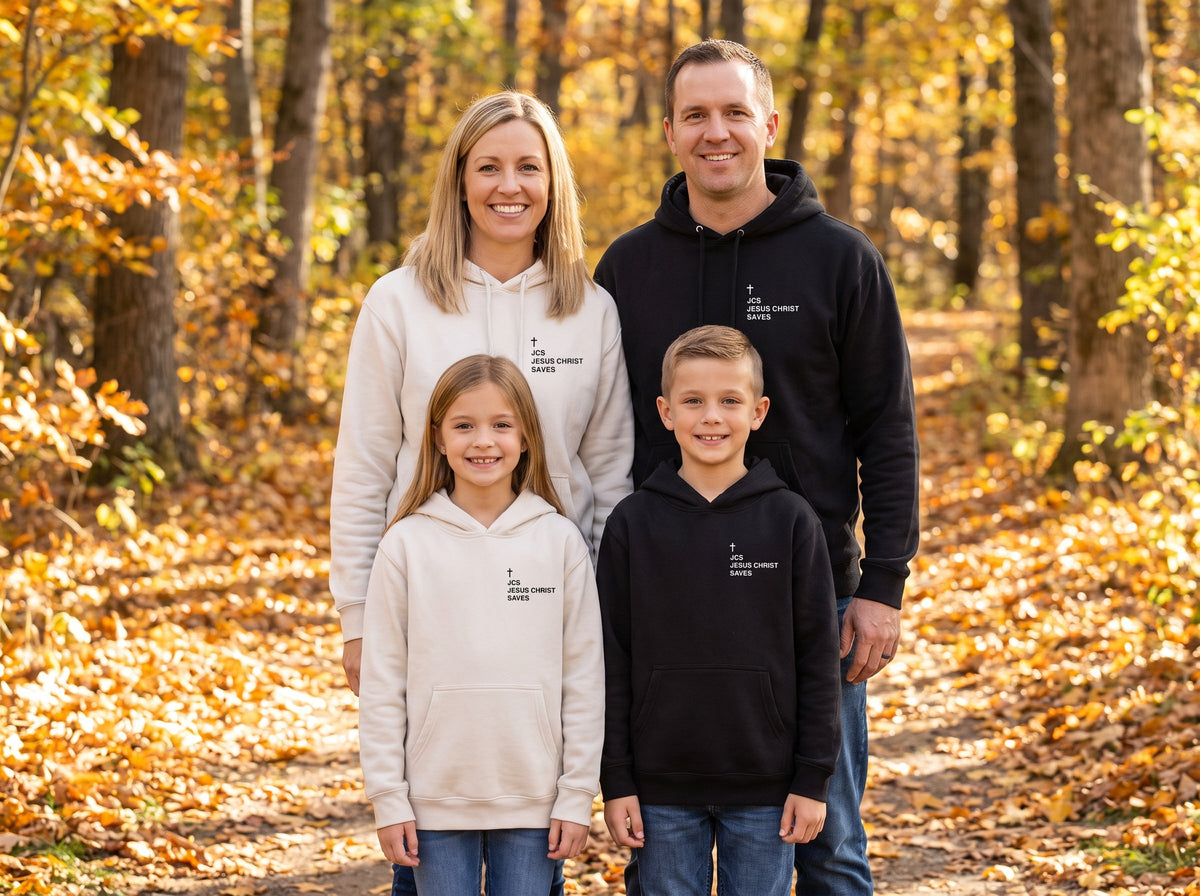 Family wearing matching JCS — Jesus Christ Saves Cross Edition Christian hoodies