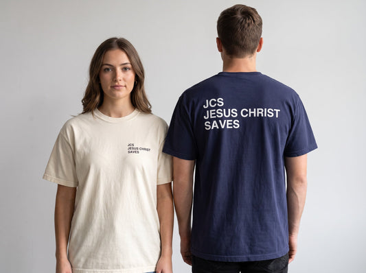 Couple wearing JCS — Jesus Christ Saves Christian t-shirts, front chest print and large back print