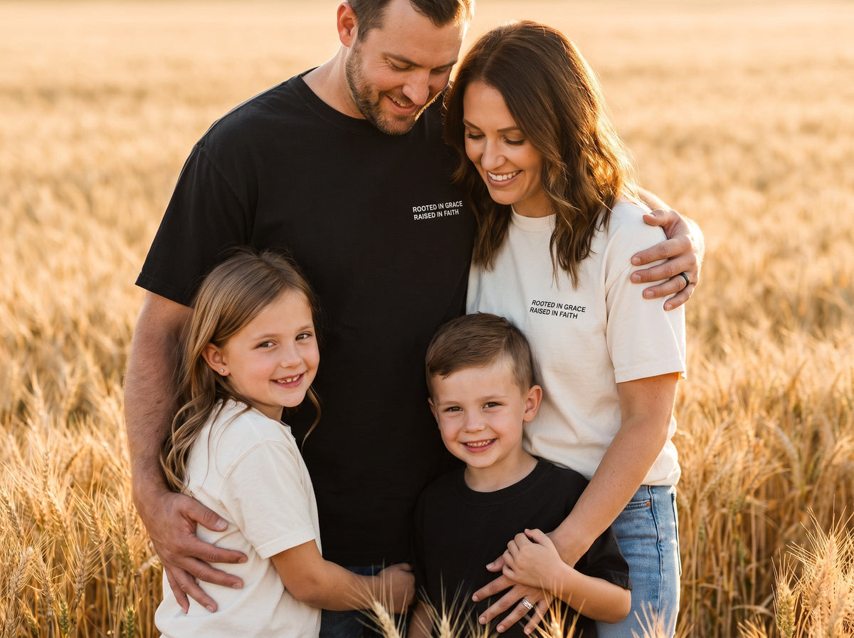 Family wearing matching Rooted in Grace. Raised in Faith Christian t-shirts