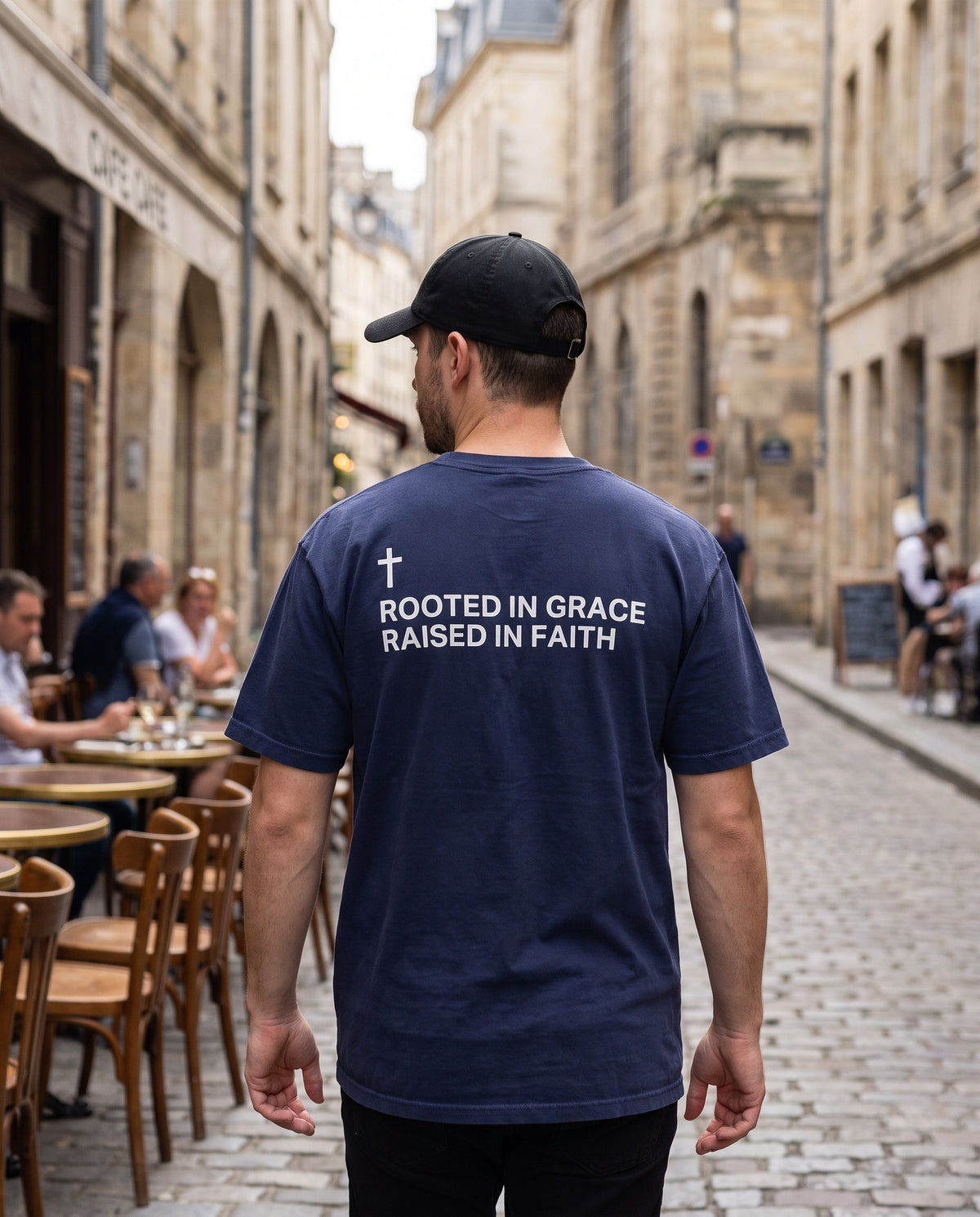 Back of a truenavy Rooted in Grace. Raised in Faith Cross Edition Christian t-shirt showing the large back print