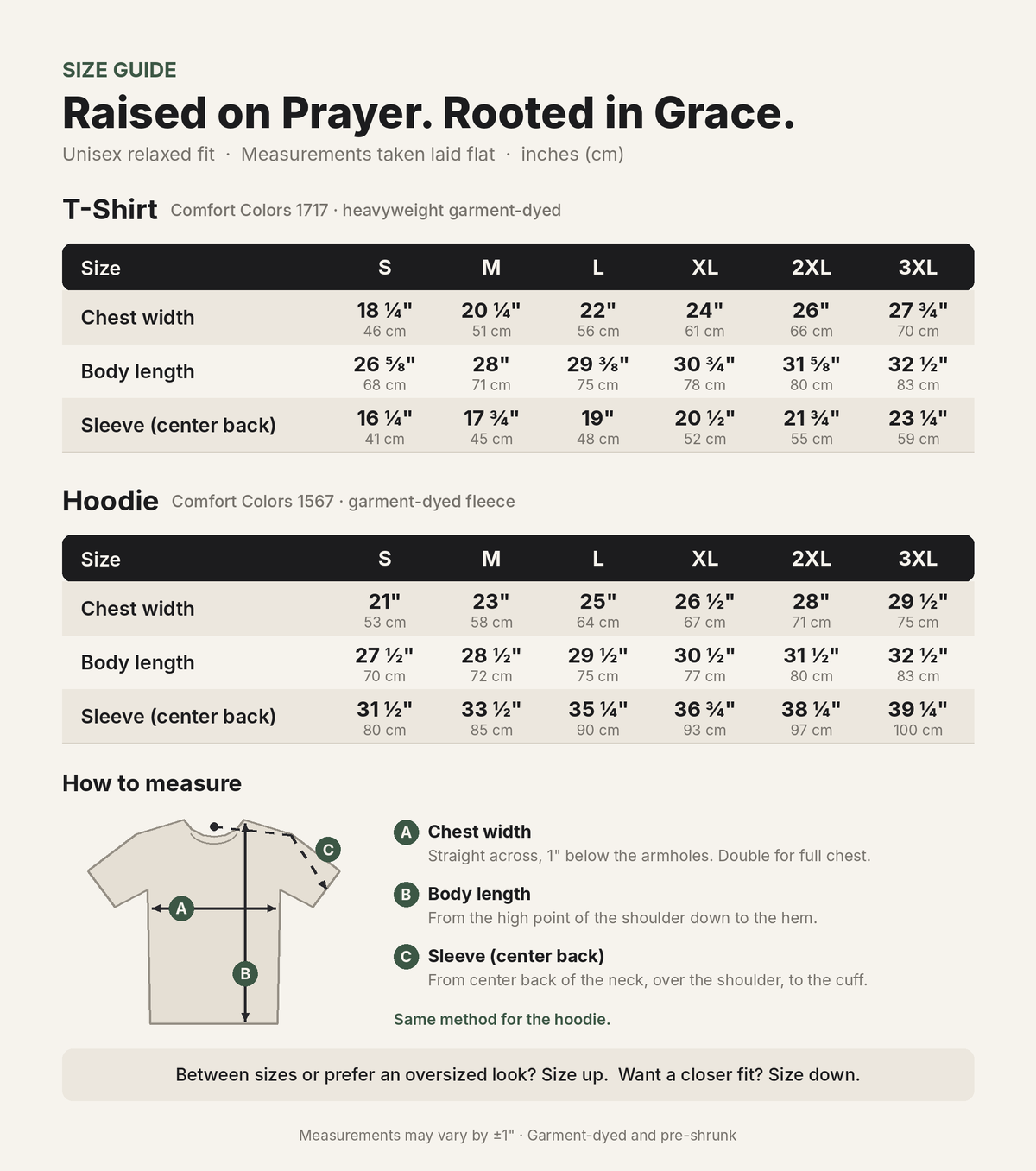 “Raised on Prayer. Rooted in Grace.” t-shirt size chart with how-to-measure guide, sizes S to 3XL