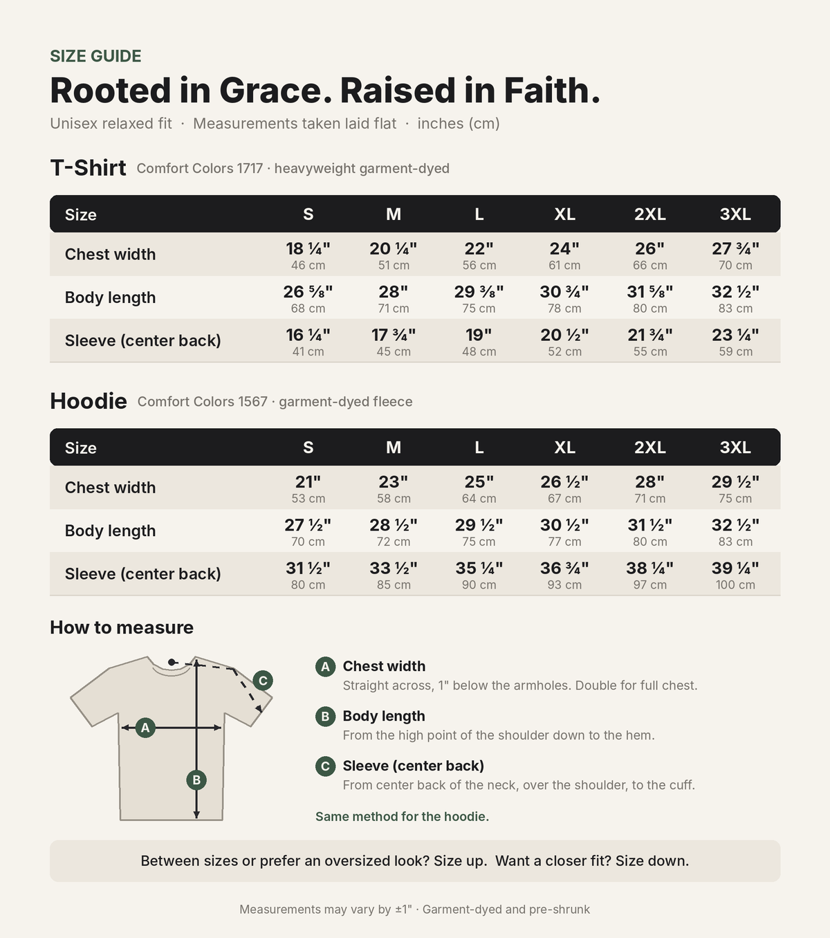 “Rooted in Grace. Raised in Faith.” t-shirt size chart with how-to-measure guide, sizes S to 3XL