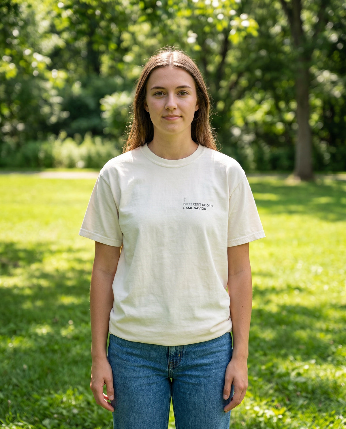 Woman wearing a ivory Different Roots. Same Savior Cross Edition Christian t-shirt with cross chest print