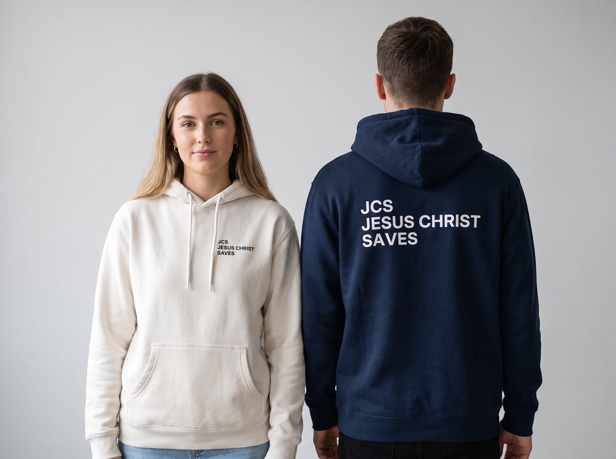 Couple wearing JCS — Jesus Christ Saves Christian hoodies, front chest print and large back print
