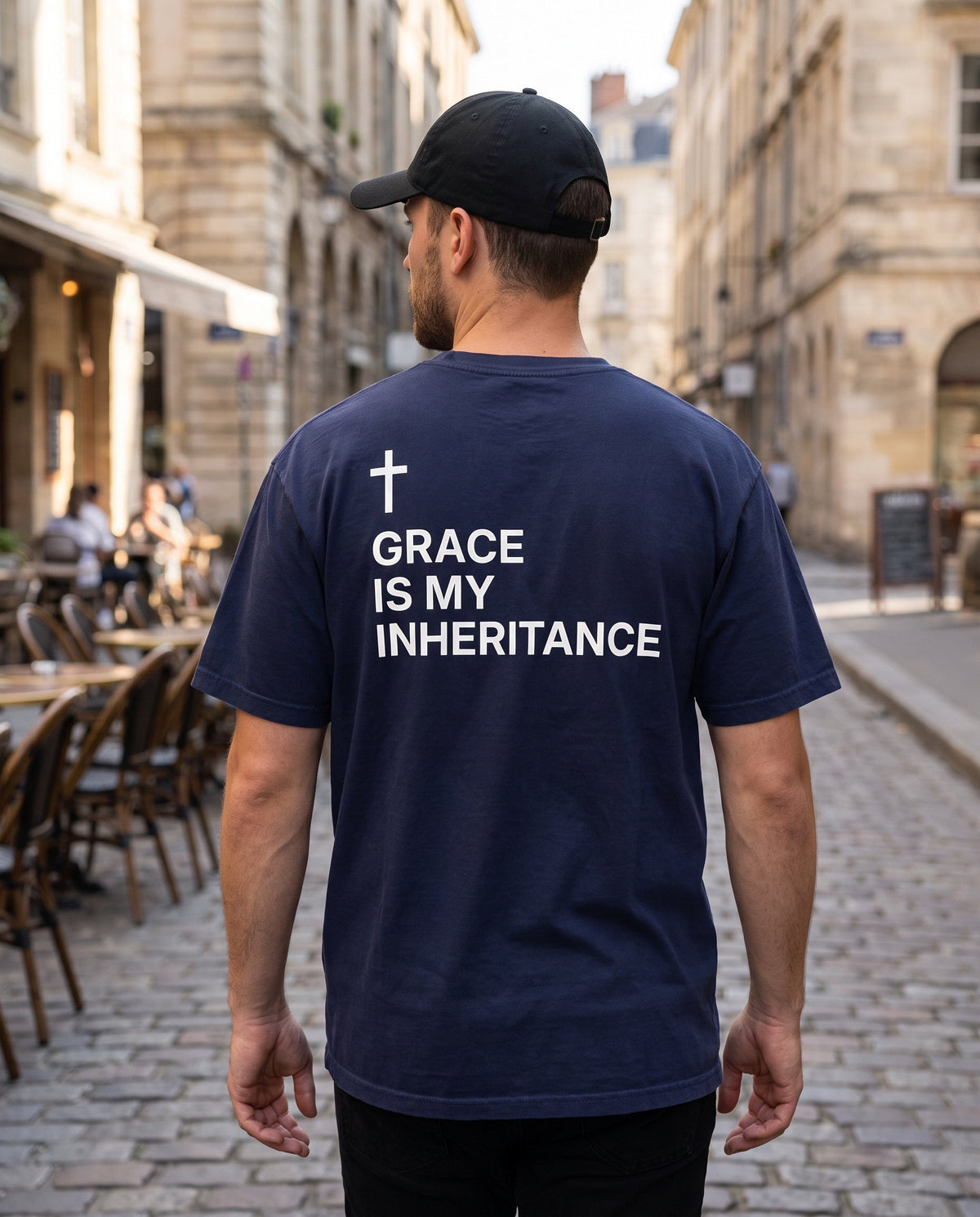 Back of a true navy Grace Is My Inheritance Cross Edition Christian t-shirt showing the large cross back print