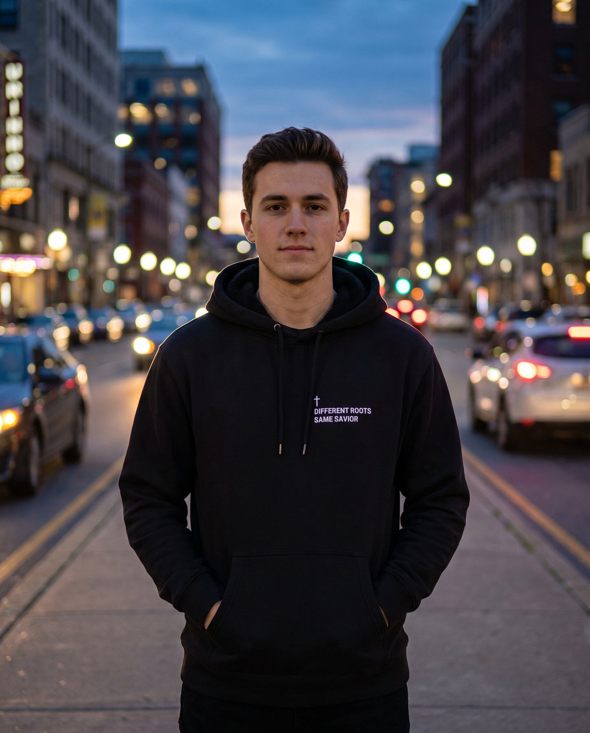 Man wearing a black Different Roots. Same Savior Cross Edition Christian hoodie with cross chest print