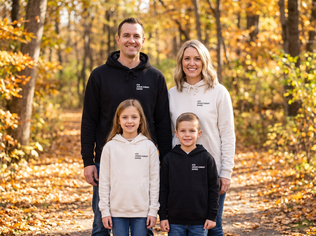Family wearing matching JCS — Jesus Christ Saves Christian hoodies