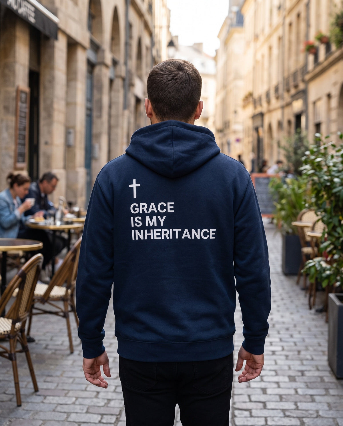 Back of a navy Grace Is My Inheritance Cross Edition Christian hoodie showing the large back print